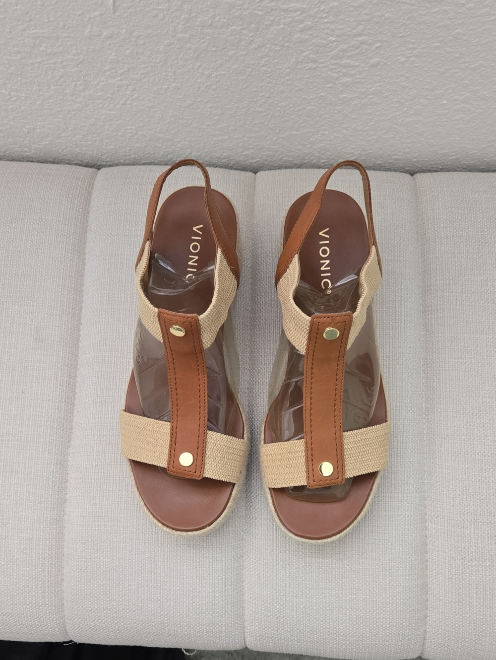 Vionic Brown & Beige T-Strap Slingback Wedge Sandals